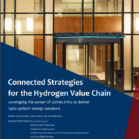 Entrance of Mack Pavilion with glass walls; text overlay reads "Connected Strategies for the Hydrogen Value Chain." Associated with Wharton School and Mack Institute for Innovation Management.